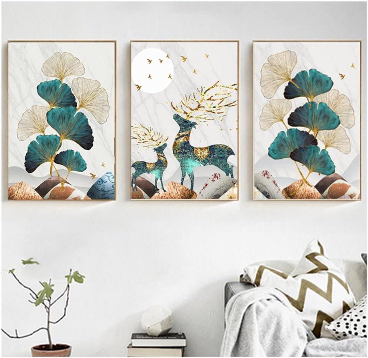 Provento - Abstracte Ginkgo Biloba Canvas Poster Set voor Woonkamer en Slaapkamer