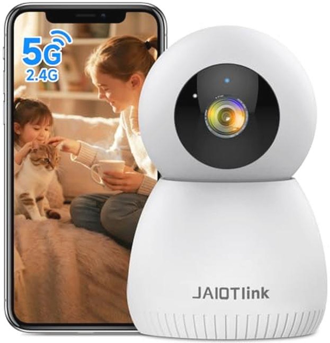 JAIOTlink 2K indoor beveiligingscamera voor babyfoon, 5G en 2,4G WiFi-beveiligingscamera's voor huisdieren voor thuis met 360° Pan&Tilt, Nachtzicht, Bewegingsdetectie, 2-weg audio, SD- of cloudopslag,