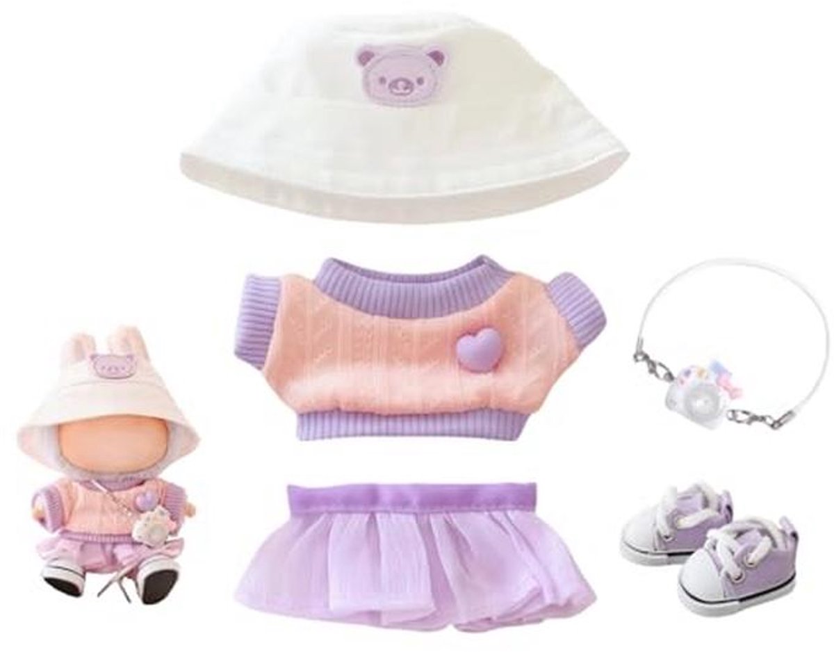 Kawaii paarse outfit set voor 15 cm en 17 cm poppen - 5 stuks kledingaccessoires