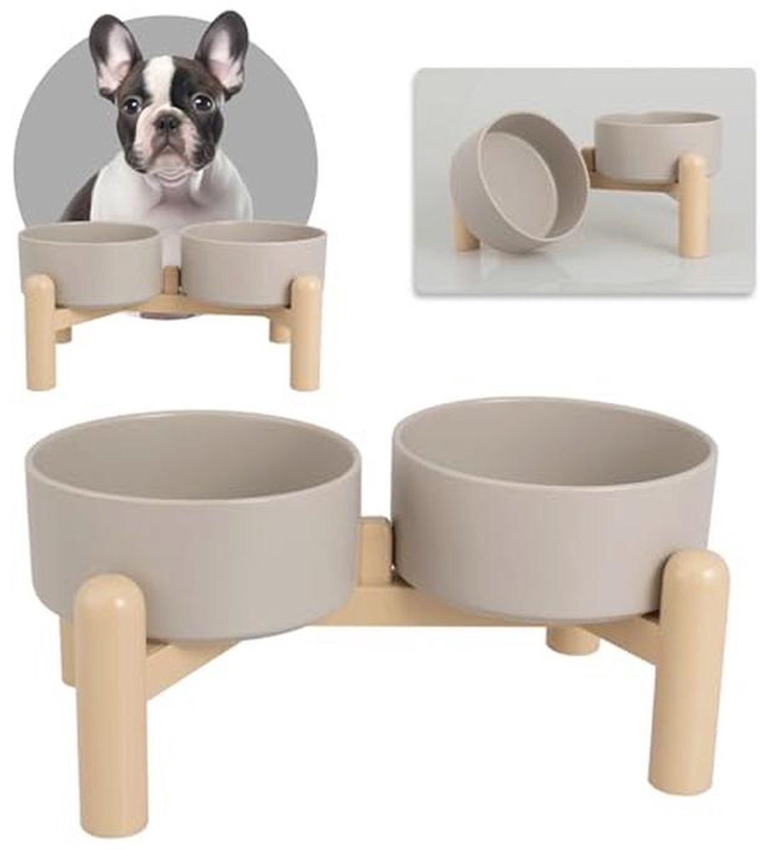Verhoogde keramische hondenbak met antislip, dubbele voer- en waterbak voor kleine en middelgrote honden - 2 x 850 ml, lichtgrijs