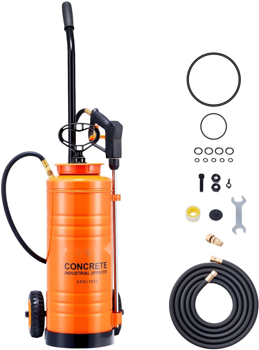 Industriële drukspuit - Betonspuit op wielen - RVS tank 13,2 L - Inclusief slangen - Messing sproeikoppen (2x) - Voor bouw, gazon en tuin
