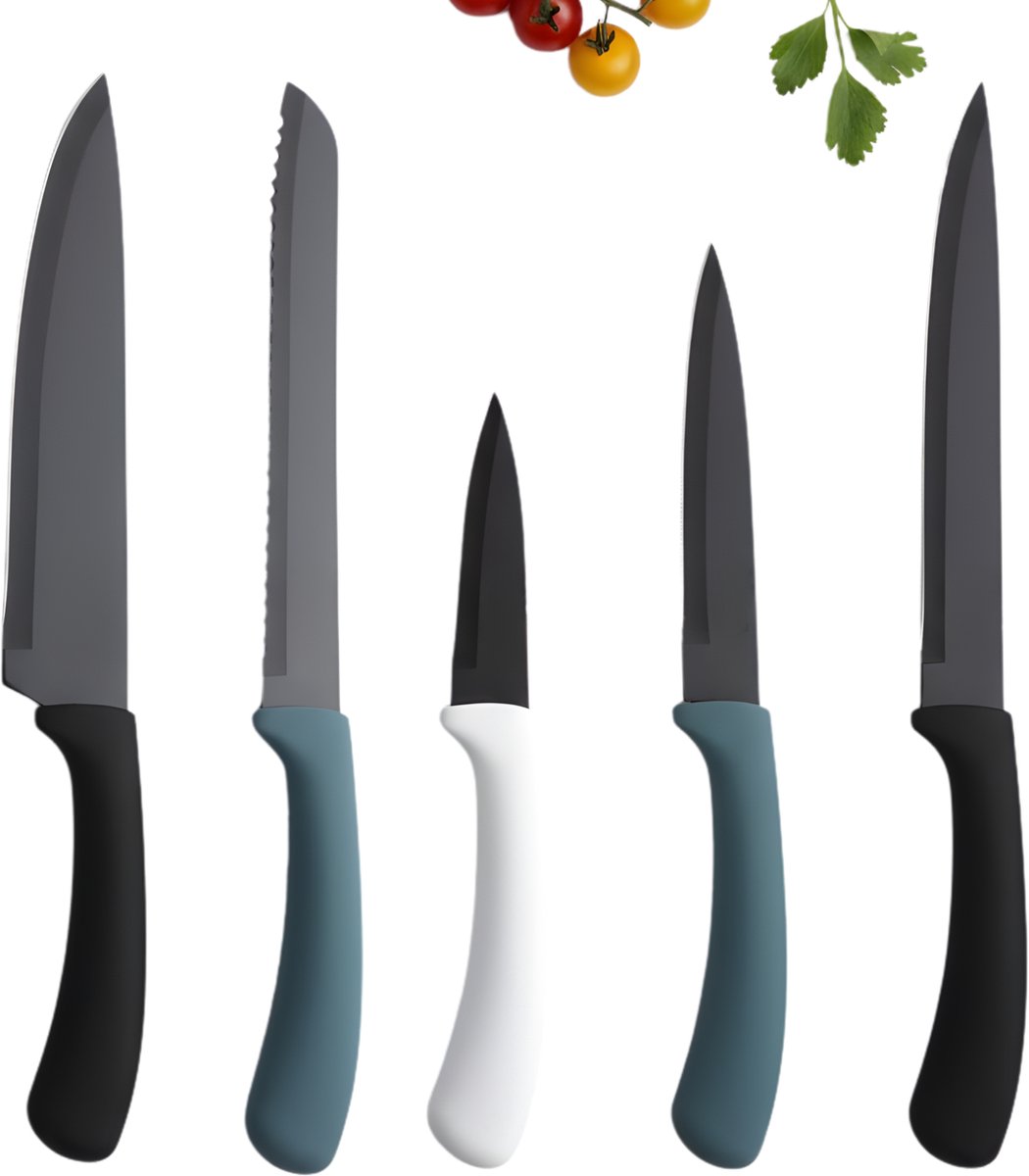 Lomera 5-Delige Messenset - Keukenmessen - Roestvrijstaal Messen - Kunststof Handvat - Koksmes - Broodmes - Snijmes - Multifunctioneel Mes - Schilmes - Trendy Kleuren - Zwart, Blauw En Wit - Messen Set - Keukenmes Set