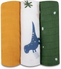 Drie opgerolde hydrofiele doeken: okergeel, wit met blauwe dinosaurus, en groen.