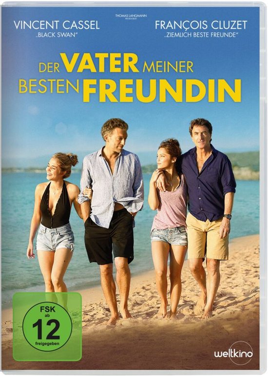 Twee koppels lopen over een strand, met Vincent Cassel en François Cluzet in de hoofdrollen. De titel "Der Vater meiner besten Freundin" is prominent aanwezig.