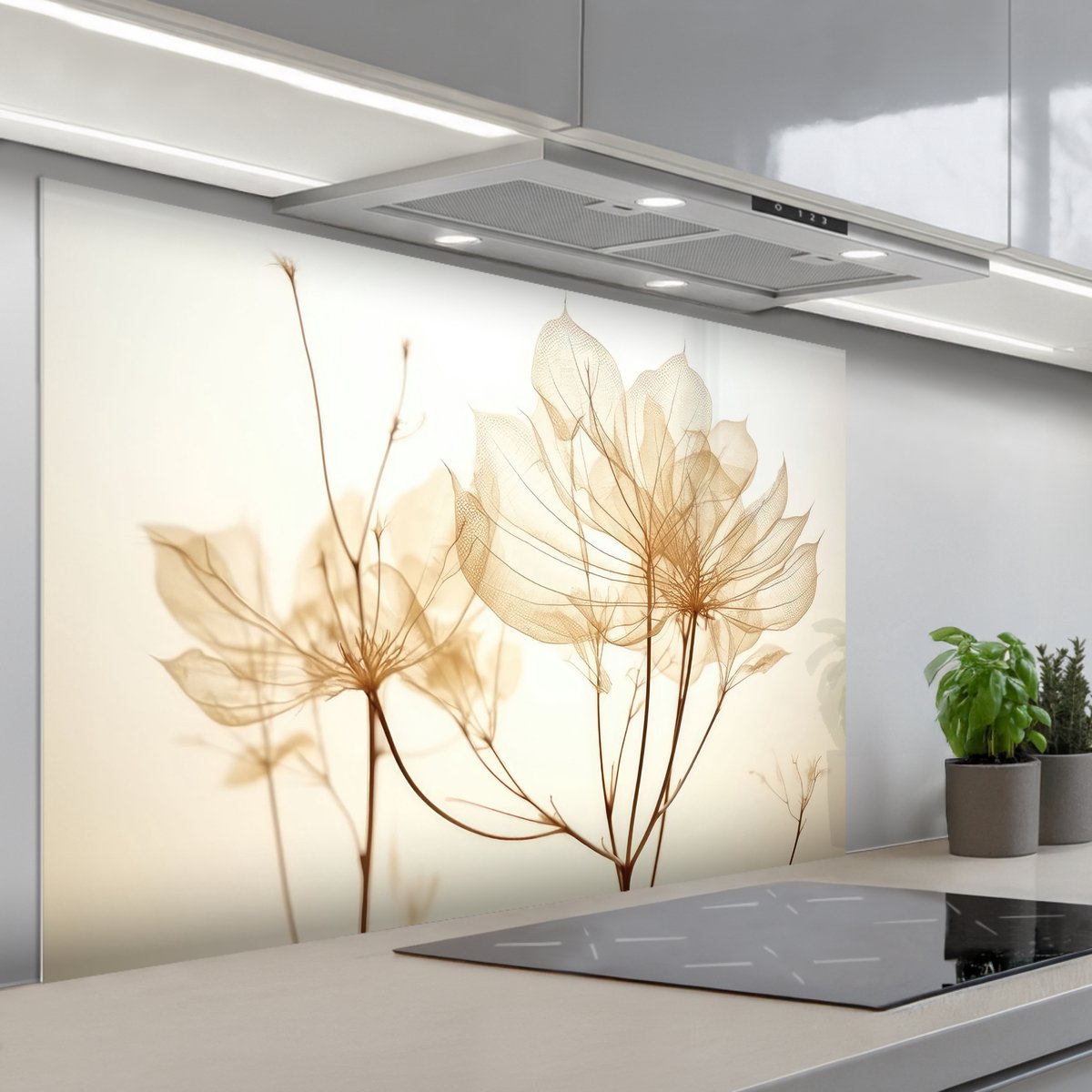 KitchenYeah Spatscherm 120x80 cm Zelfklevende achterwand Droogbloemen Beige Planten Wit Keuken muurbeschermer Spatwand fornuis