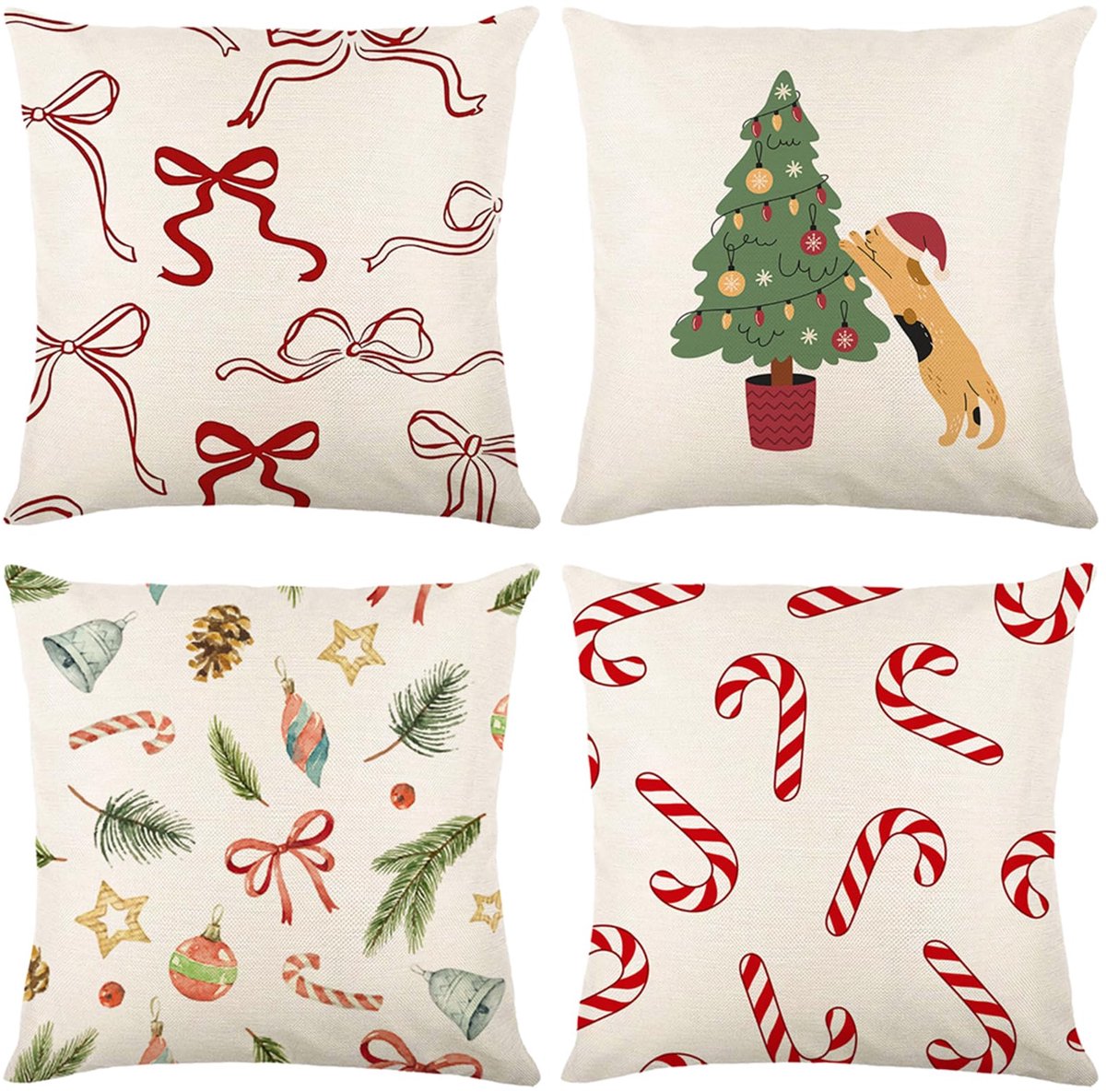 Unyqoos Set van 4 linnenlook kussenslopen met kerstmotief voor sfeervolle decoratie Kleurrijke