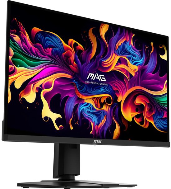 MSI gaming monitor met kleurrijk abstracte vlammen op het scherm en een zwart frame.