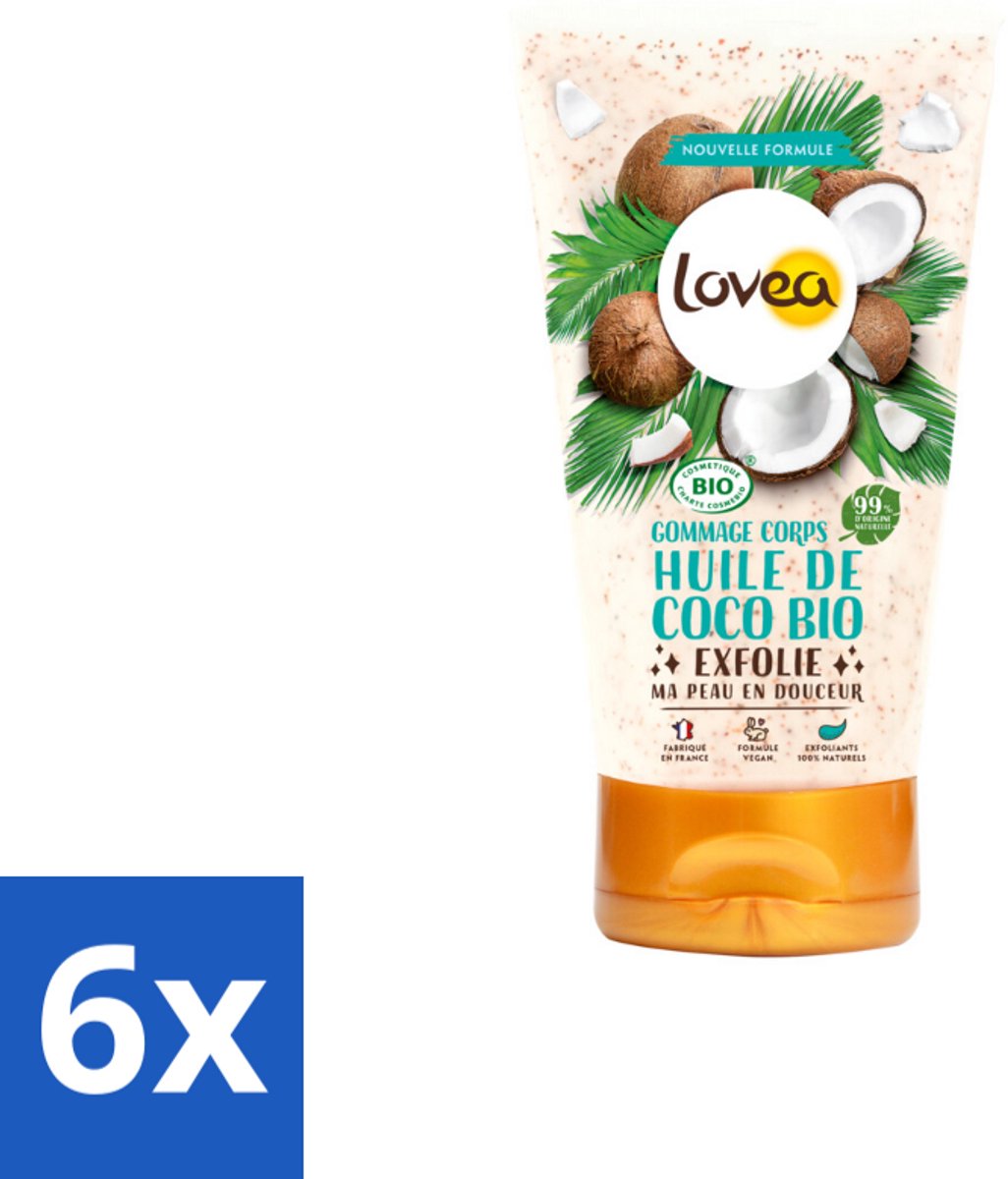 Lovea – Body Scrub – Biologische Kokos – Natuurlijke exfoliatie – 150 ml - Voordeelverpakking - 6 stuks