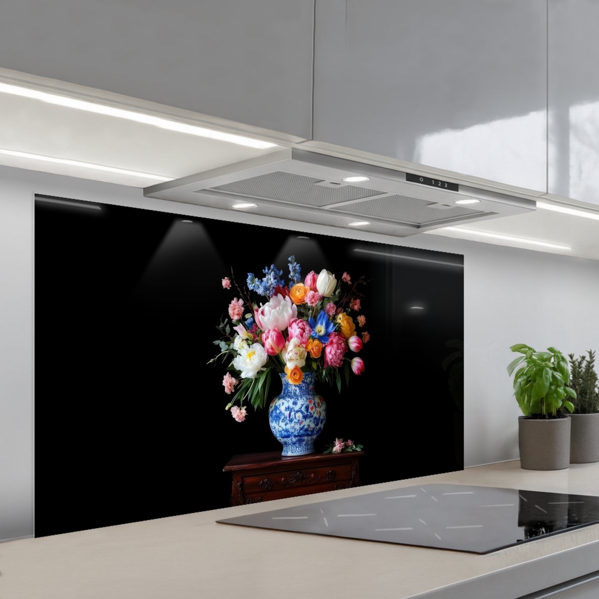 KitchenYeah Spatscherm 120x60 cm Zelfklevende achterwand Rozen Bloemen Vaas Boeket Keuken muurbeschermer Spatwand fornuis