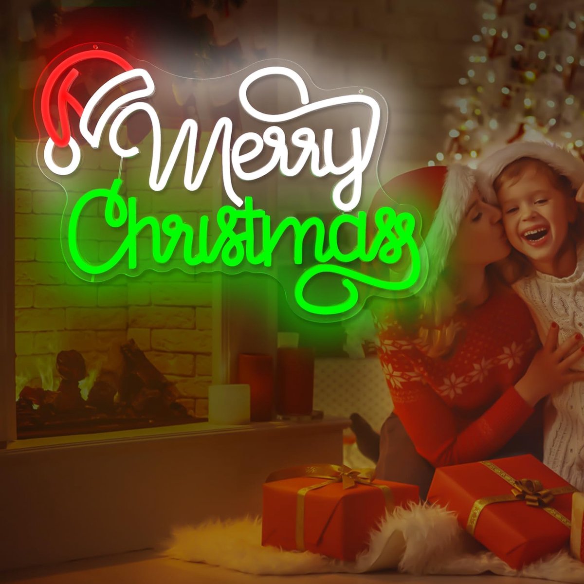 Kerst Neon Bord - LED Wanddecoratie met Kerstmutsen - Dimbaar Licht voor Slaapkamer en Feest - Acryl Holiday Verlichting - 31x41 cm