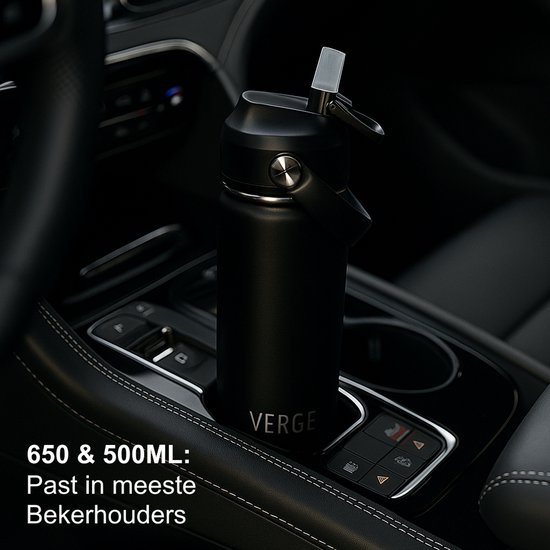 The Verge® - Luxe RVS Drinkfles 650 ML met Rietje voor Volwassenen en Kinderen – Bidon – Thermosfles - 24 uur koud/12 uur warm – Waterfles met Dubbelwandige isolatie - Met 2 Doppen - Zwart