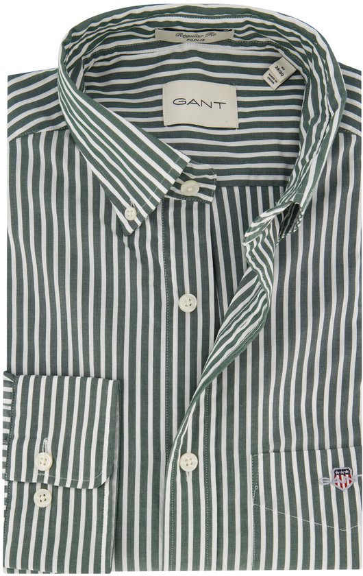 Donkergroen en wit gestreept katoenen hemd, regular fit, met knopen, een borstzakje met GANT-logo en opgerolde mouw.