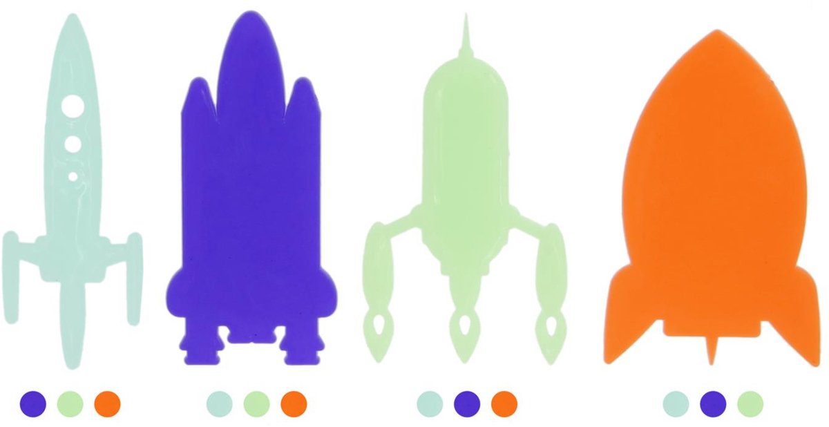 Home Deco Kids Glow in the dark Raket - 16x stuks - multi color - kinderkamer - decoratie