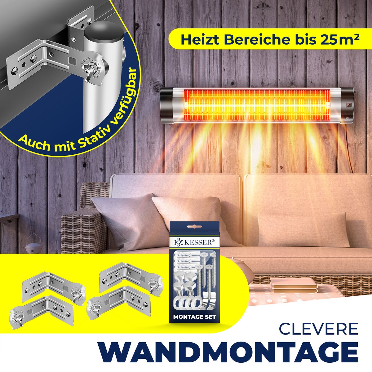 KESSER Terrasverwarmer Elektrisch 2500 W Wandmontage - Infrarood Heater voor Buiten met Afstandsbediening en Hoes, 3 Warmtestanden - Zilver/Zwart – foto 7