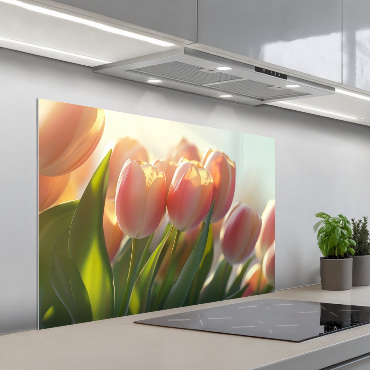 KitchenYeah Spatscherm 100x65 cm Zelfklevende achterwand Tulpen Roze Zonnestralen Keuken muurbeschermer Spatwand fornuis