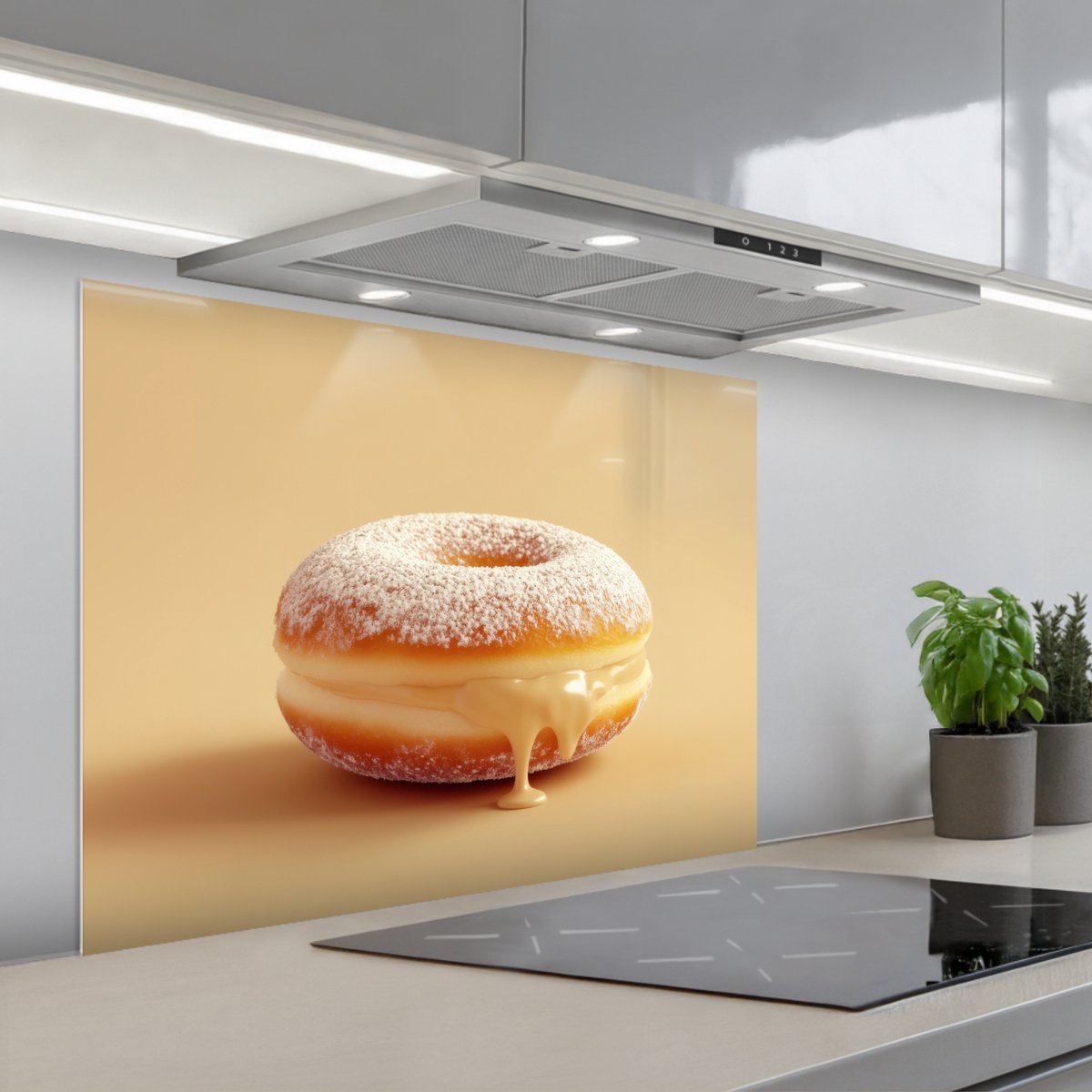 KitchenYeah Spatscherm 80x60 cm Zelfklevende achterwand Donut Romig Poedersuiker Beige Keuken muurbeschermer Spatwand fornuis