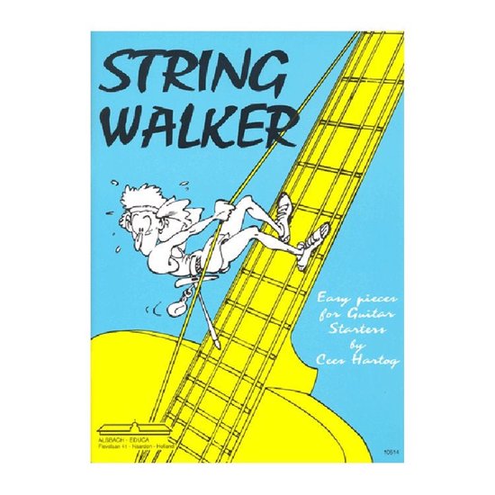 Boek "String Walker" met tekening van een man die aan een gitaarsnaar hangt.