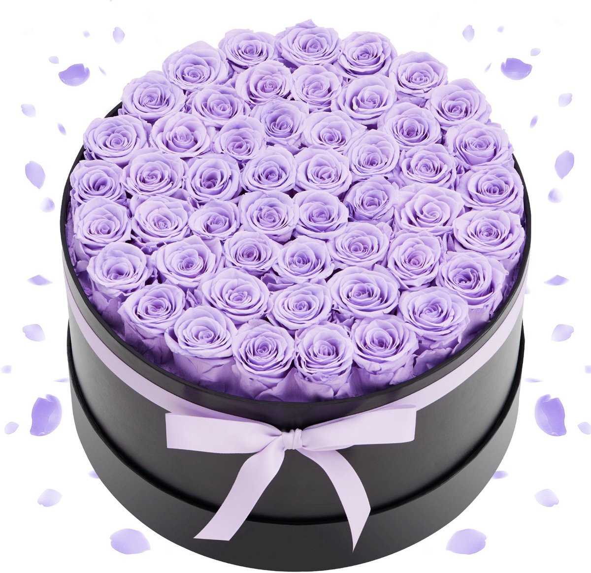 Eeuwige Rozen Boeket - Ronde Geschenkdoos - 50 Stuks - Geconserveerd - Cadeau voor Bruiloft, Moederdag, Valentijnsdag - Lavendelpaars