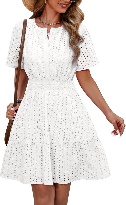 PLOKNRD Zomerjurk Dames V-hals Rok Bloemblaadjes Korte Mouwen Casual Strand Rok met Zak Zwarte lijn bloemen M