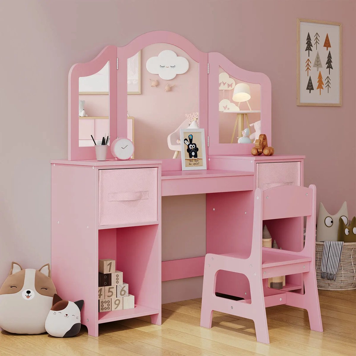 Kinder Make Up Tafel - Make up Tafel voor Kinderen - 2-in-1 Prinsessen Bureau - Kaptafel - Roze - Kaptafel met Afneembare Spiegel