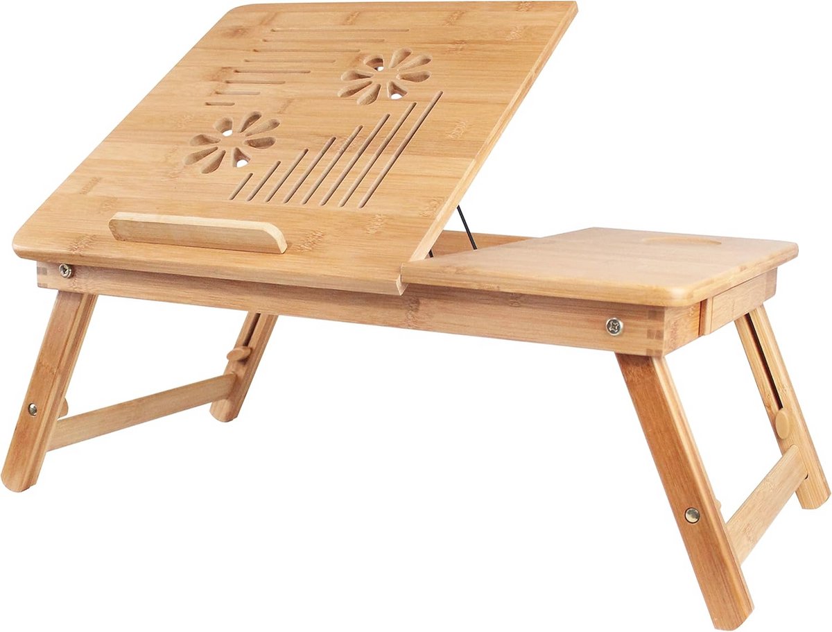 Opvouwbaar Bedblad - Draagbare Computertafel met Verstelbaar Bureau en Grote Ventilatie - Bamboe, 55,1 x 35,1 cm
