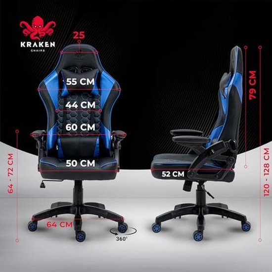 Ergonomische Gamingstoel met Verstelbare Armleuningen en Nek- en Lendenkussens - Zwart-Blauw — afbeelding 2