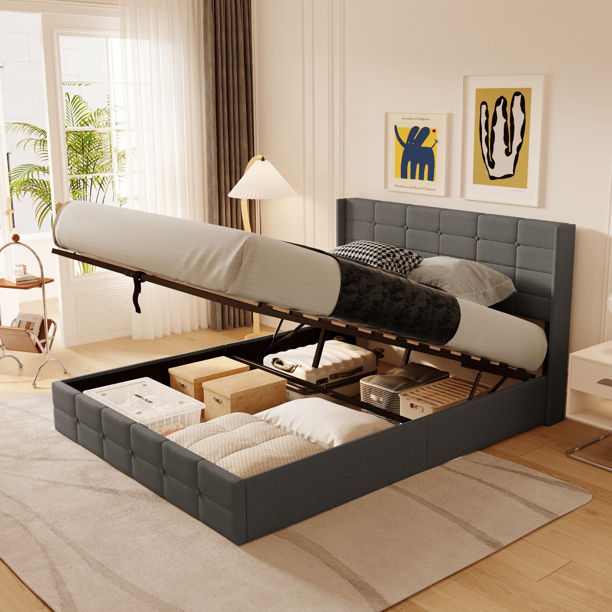 Bealife BF84 Tweepersoonsbed - 200x160 cm - Hydraulisch opbergbed met lattenbodem - Bedframe voor volwassenen en tieners - Zonder matras - Donkergrijs