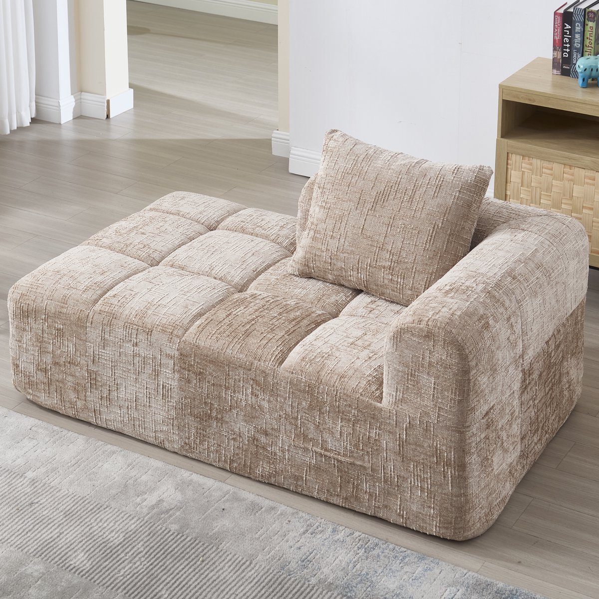 HAUSS SPOLE Sofa - Comfort Chenille Bank - Chaise Longue - Met Zijvakken & Kussen - 158x90x60 cm - Voor Woonkamer En Slaapkamer - Chenille Khaki