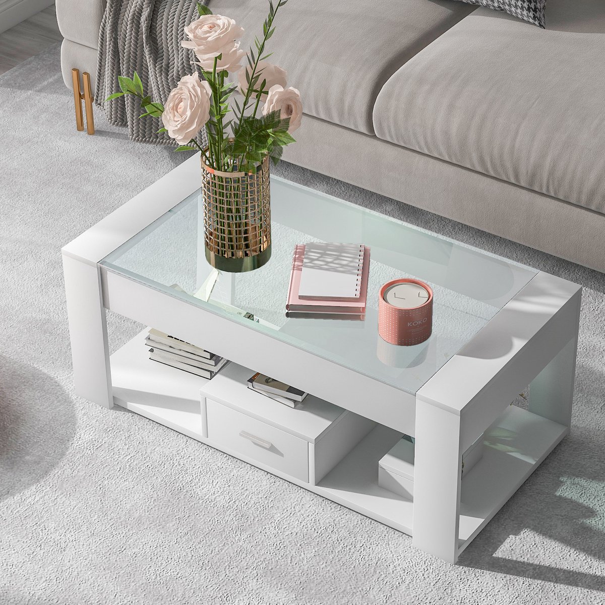 STILVORA Salontafel - Rechthoekige Salontafel Met Glasblad En Lade - Extra Opbergruimte Voor Woonkamer - Spaanplaat - 100x50x40 CM - Wit