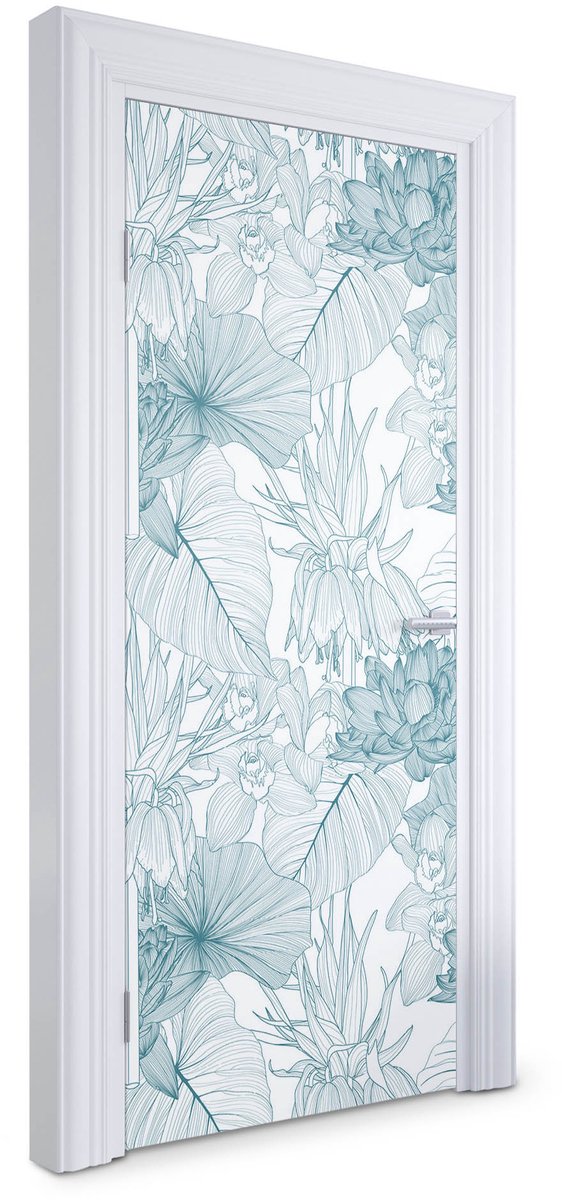 Wallfluent Deursticker - Bloemenpatroon Deur plakfolie - 85 x 205 cm - Turkoois Deurbehang Sticker - Moderne Deur Sticker - Bloemen en planten Deurbehang - Deursticker voor de Woonkamer - Deurfolie