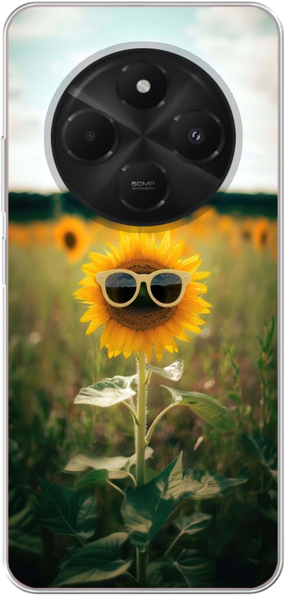 Telefoonhoesje Geschikt voor Xiaomi Geschikt voor Poco C75 hoesje - Zonnebloem - Veld - Zonnebril - Siliconen Telefoonhoesje Telefoonhoesje