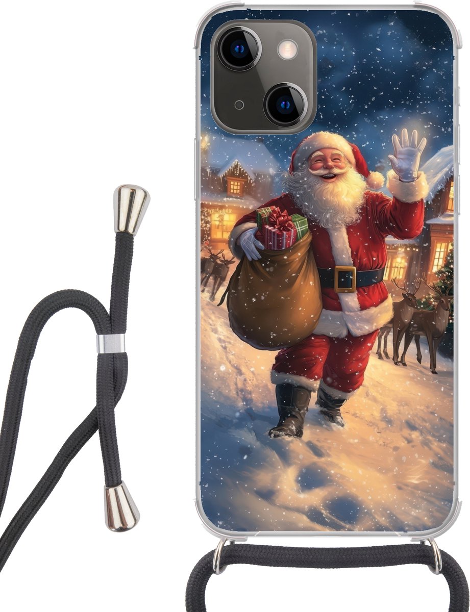 Telefoonhoesje Geschikt voor iPhone 13 - Kerstman - Dorp - Hert - Donker - Siliconen - Crossbody - Backcover met Koord - Telefoonhoesje met koord - Hoesje met touw Telefoonhoesje