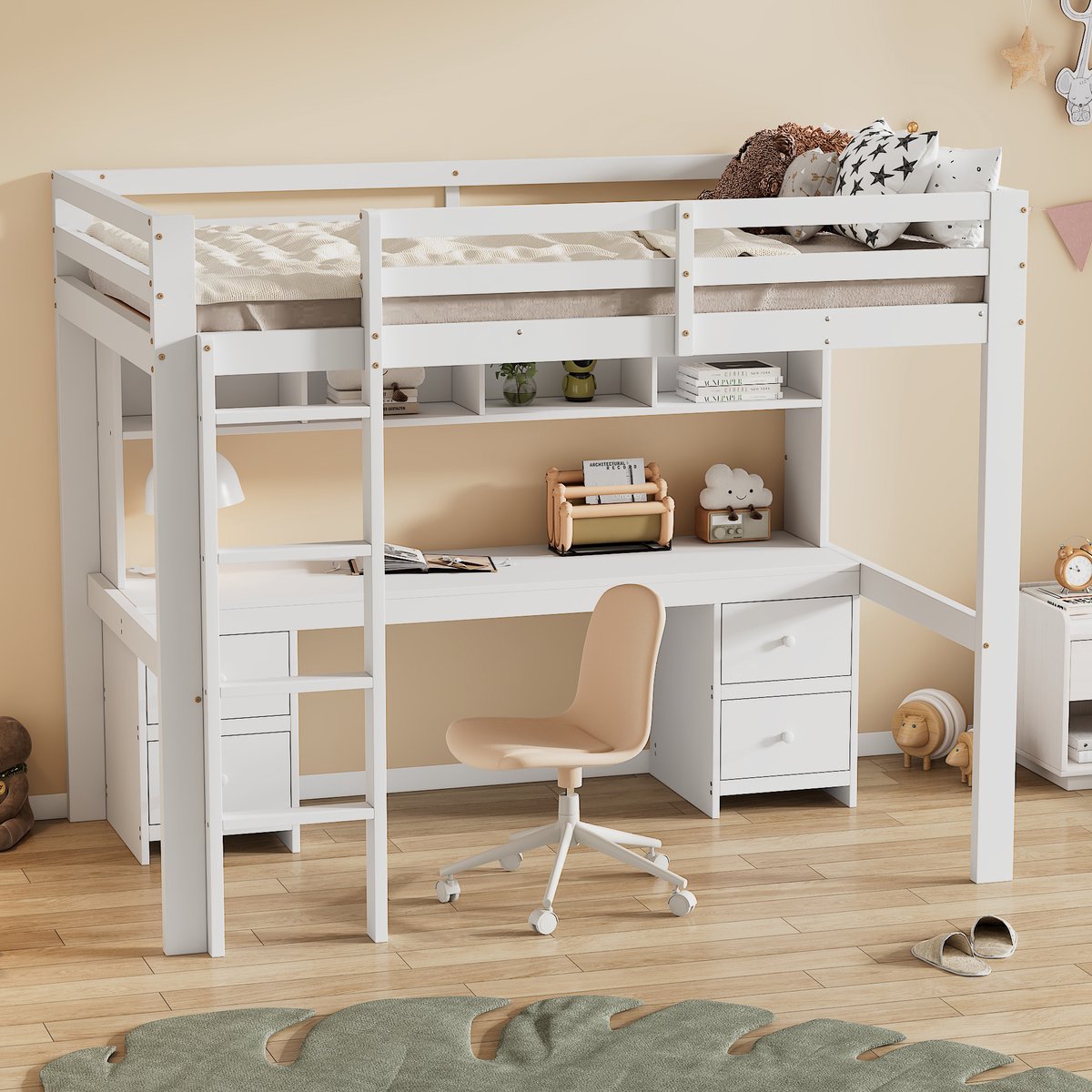 SONNENH Hoog kinderbed - 90x200cm - Massief grenenhout - 167cm hoog - Ruime werkruimte - Opberglades & plank - Stabiele ladder & veilige rail - Wit