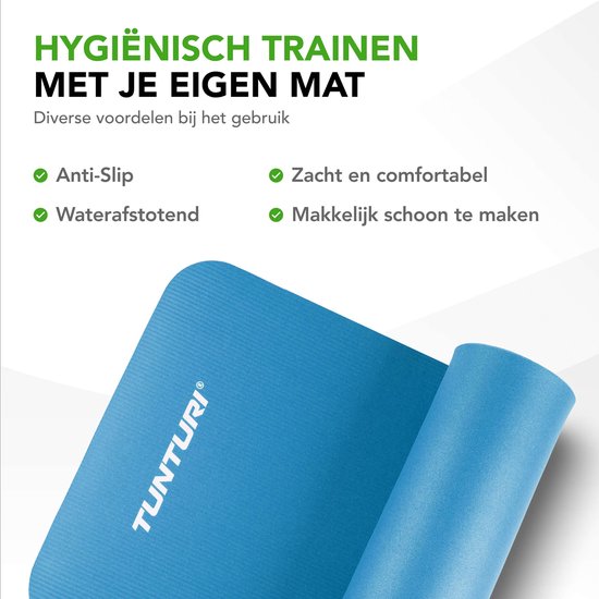Een opgerolde petrolblauwe Tunturi fitnessmat met de tekst 'Hygiënisch trainen met je eigen mat'.
