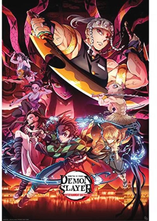 Levendige Demon Slayer poster met Tengen Uzui en de andere Hashira in actie, met het Demon Slayer-logo.