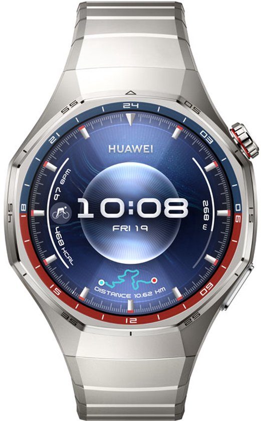 Zilverkleurige Huawei smartwatch met titanium band, blauw digitaal display met tijd (10:08), datum (FRI 19), hartslag (97 BPM) en afstand (10.62 KM).