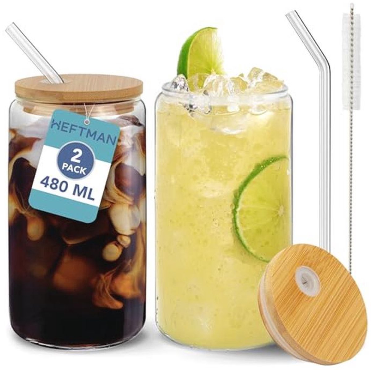 Lege glazen drinkbekers met deksels en rietjes - 480 ml - set van 2