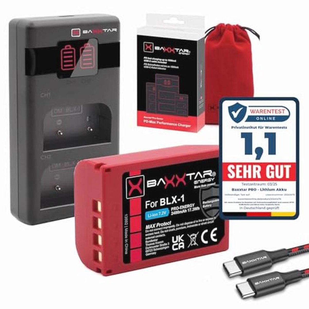 2400 mAh batterij voor OM-1 met NTC-sensor en beschermende behuizing - PD-Performance USB opladen