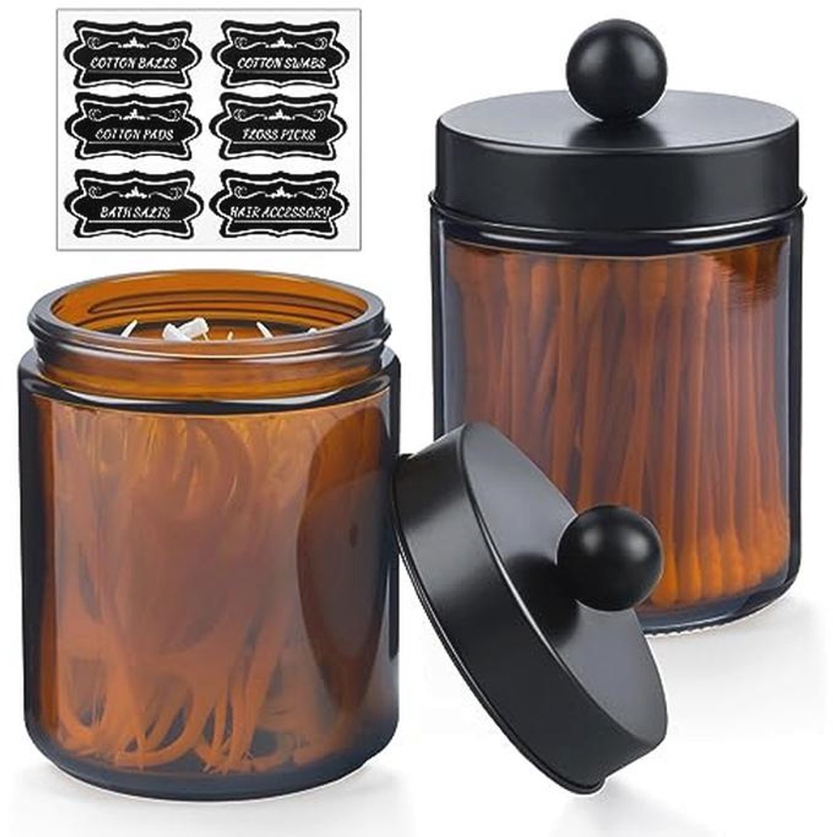 Glazen Apothekers Potten - Set van 2 met Deksel en Labels voor Badkamer Organizer