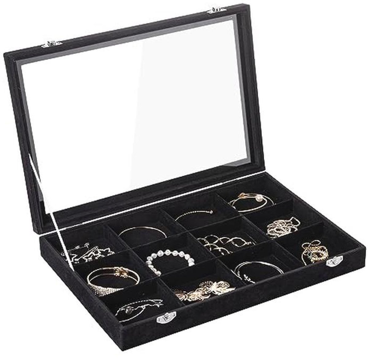 Fluwelen sieradenlade met doorzichtig deksel - 12 rasters sieradenorganizer voor armbanden en ringen - Cadeau voor vrouwen en meisjes