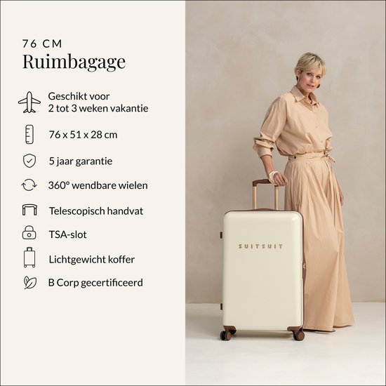 SUITSUIT Reiskoffer 76x51x28 - Reiskoffer met wielen - Veilig TSA cijferslot - Lichtgewicht koffer - Reiskoffer groot - 94L - Fab Seventies koffer Antique White - Wit