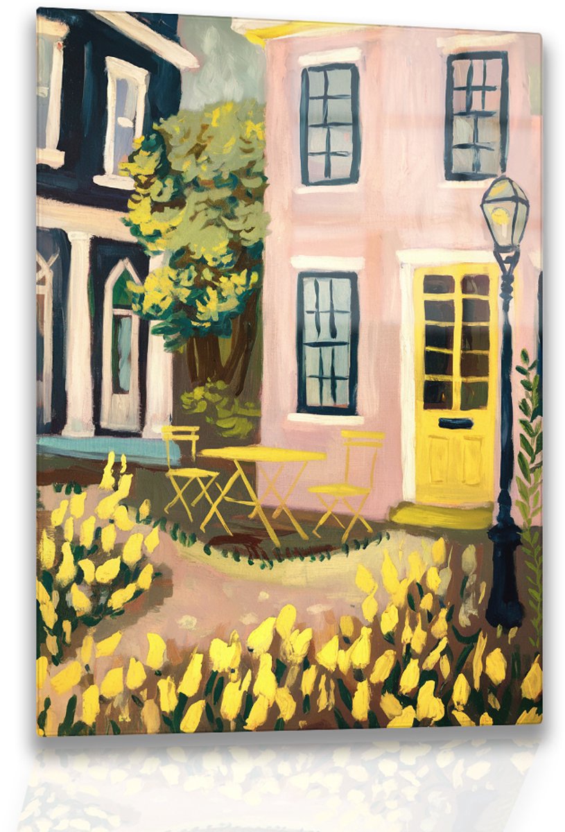 Bistroset in lentetuin – plexiglas – Glasschilderij – 70x105 cm