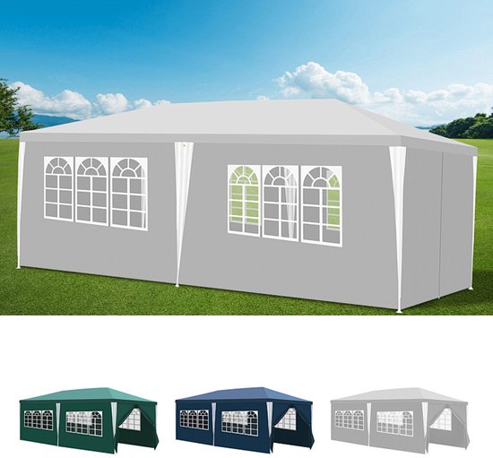 Grijze partytent met boogramen en witte gordijnen, naast groene en blauwe versies.