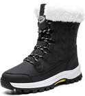 Zwarte sneeuwlaars met witte bontrand, veters en een witte zool met gele accenten.