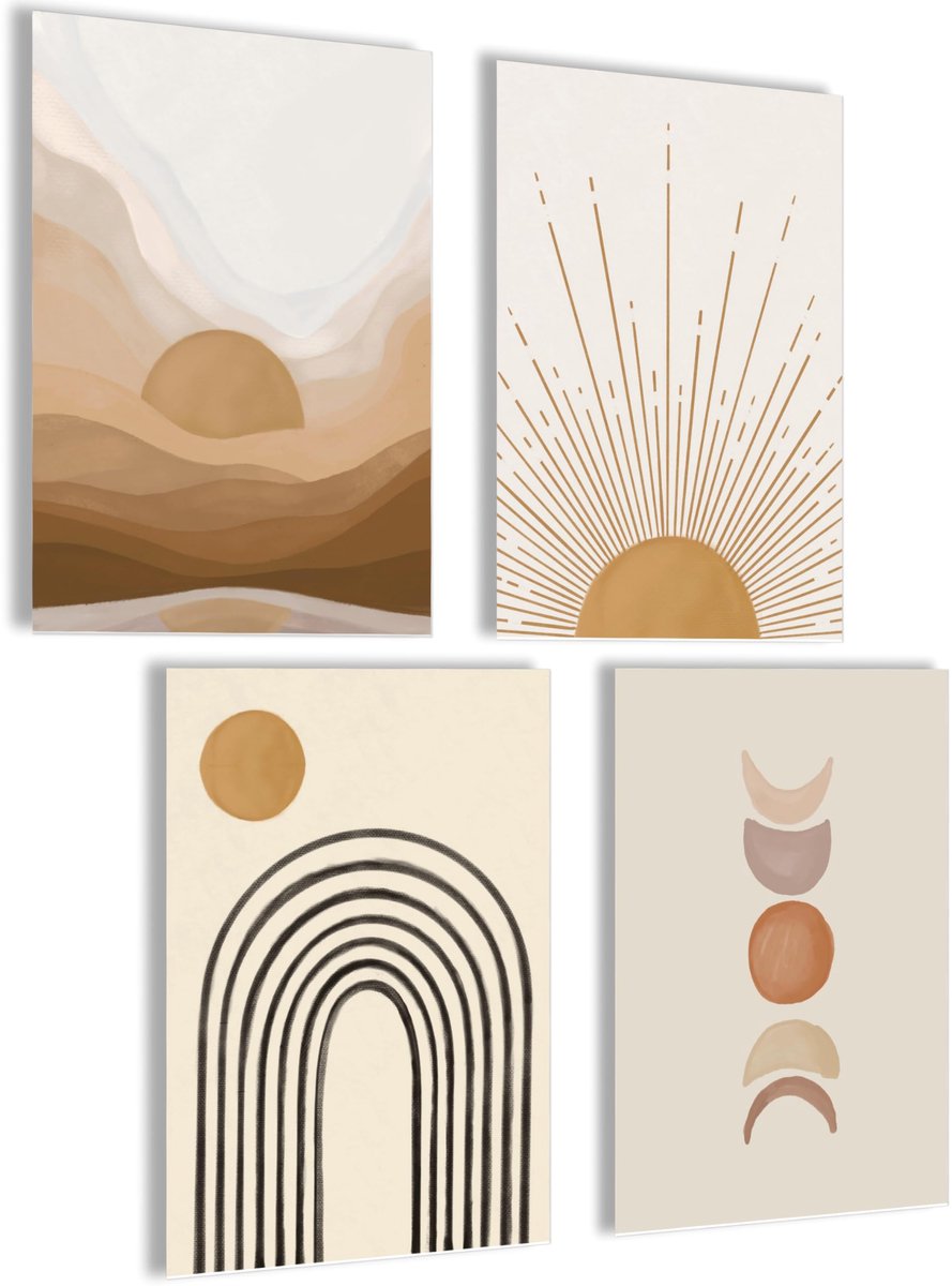 Unyqoos Set van Abstracte Boho Wandposters voor Diverse Interieurs en Kamers 21 x 30 cm beige