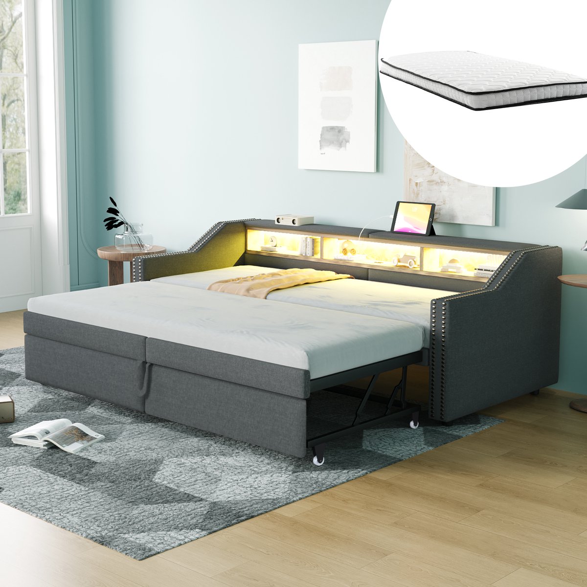 STILVORA Gestoffeerd bed 90/180x200 cm – Uitschuifbaar bedframe met LED & USB – Met 2 veringmatrassen – Linnen – Donkergrijs Met Matras
