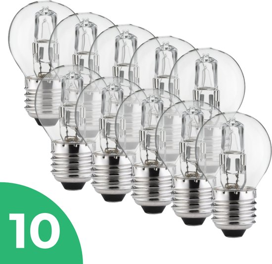Tien heldere kogelvormige halogeenlampen met E27 fitting.