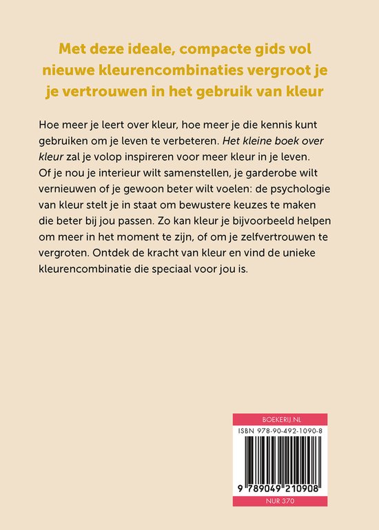 Boek met de titel 'Het kleine boek over kleur'. De tekst is geel, de achtergrond is crèmekleurig. Boek is een gids over kleur.