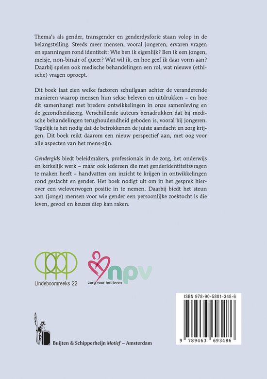 Achterkant van het boek "Gendergids" met ISBN-streepjescode, uitgeverslogo's en colofon.