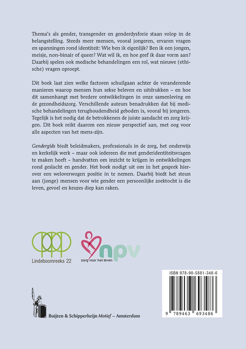 Achterkant van het boek "Gendergids" met ISBN-streepjescode, uitgeverslogo's en colofon.
